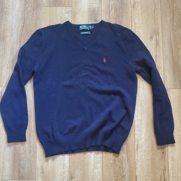Polo Ralph Lauren Italian 100% Lambswool Sweater V neck Pullover Sz L Blue